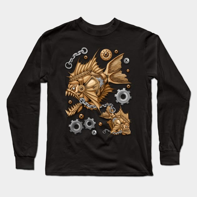 Steampunk Piranha Killer Retro Machine Long Sleeve T-Shirt by BluedarkArt